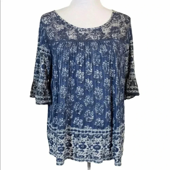 Lucky brand M blue/white boho print 3/4 ruffle sleeve peasant top - Picture 1 of 4